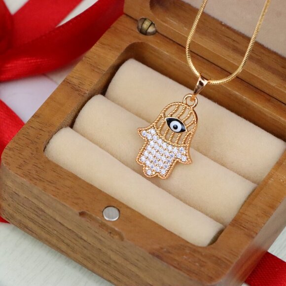 "Hamsa Hand Rose Gold Pendant with Evil Eye, XPPT1578 - Picture 9 of 13